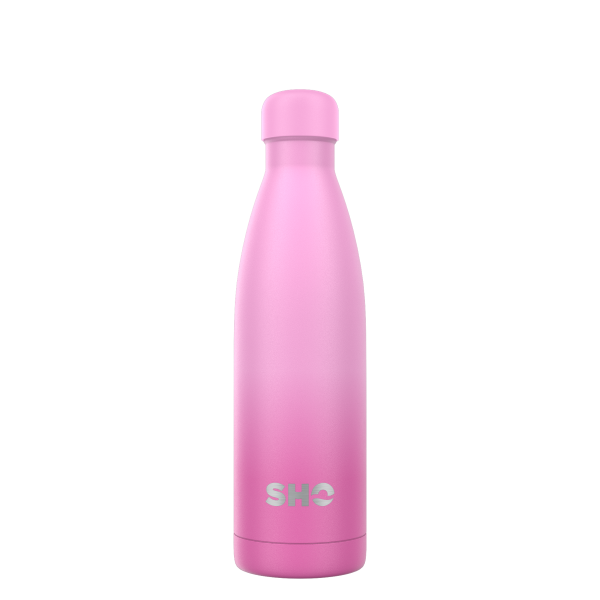 Insulated reusable bottle in deux rose (a darker pink graduating to a lighter one)