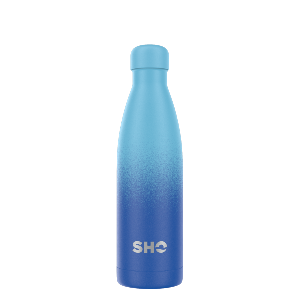 Insulated reusable bottle in All deux blue (a deep blue graduating to a lighter blue, with light blue lid)