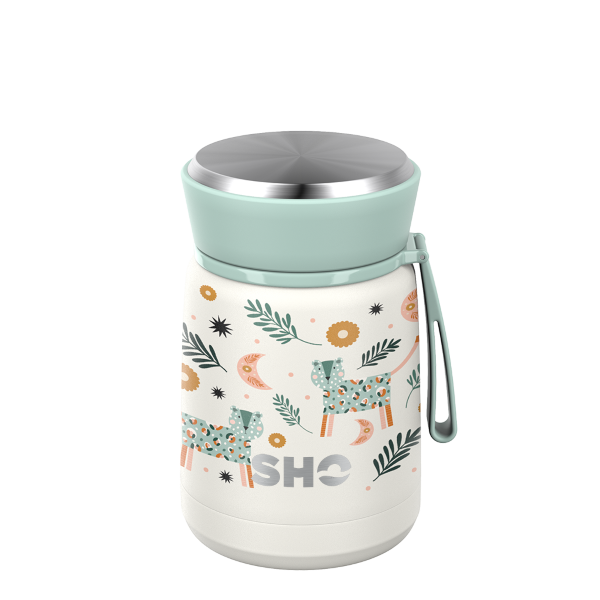 SHO reusable food flask in Leopard Sunset design (a cream background with colourful leopards)