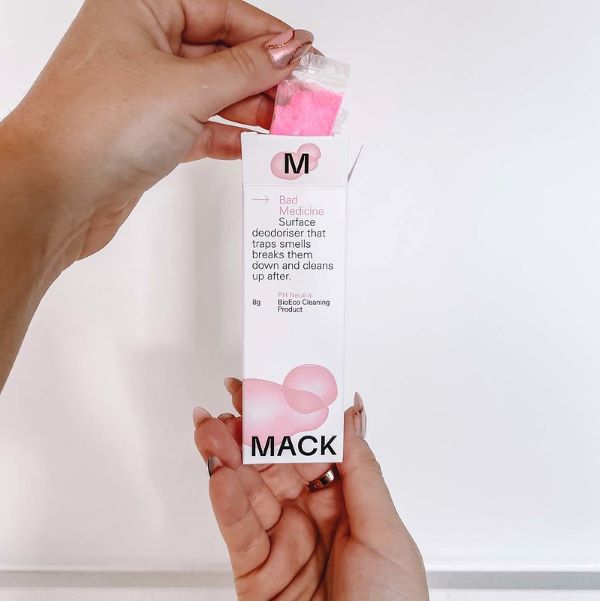 Bad medicine surface deodoriser dissolvable cleaning pod in cardboard packaging