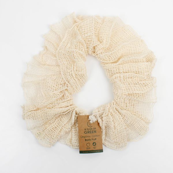 Organic cotton bath puff shown untied with paper label