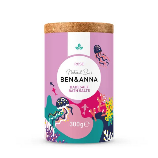 Ben & Anna bath salts in rose, packaged in a cardboard box with natural cork lid