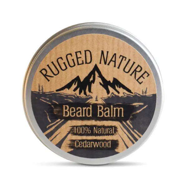 Rugged Nature beard balm in cedarwood in an aluminium tin.