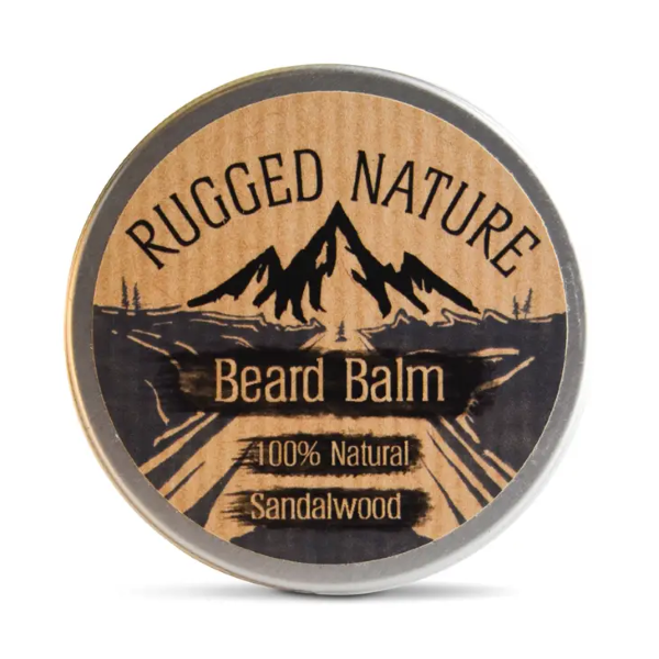 Rugged Nature beard balm in sandalwood in an aluminium tin.