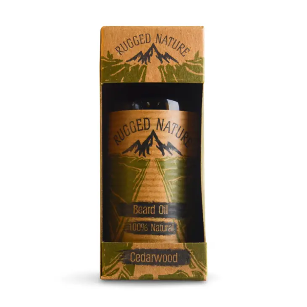 Natural beard oil in glass bottle with cardboard packaging