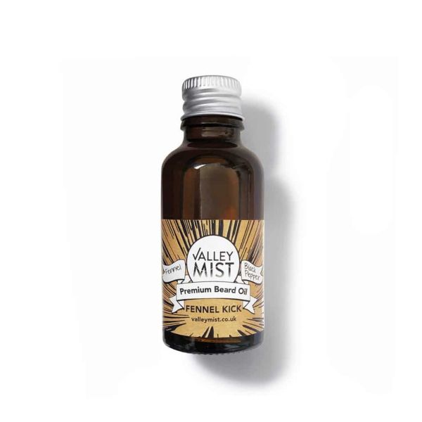 Valley Mist beard oil in amber glass bottle with metal cap in Fennel Kick fragrance