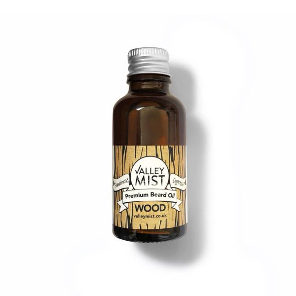 Valley Mist beard oil in amber glass bottle with metal cap in Wood fragrance