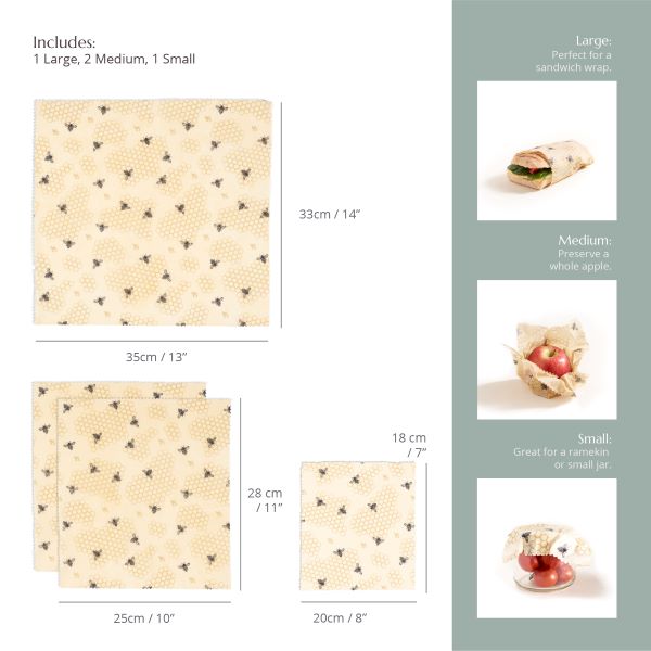 Beeswax wrap infographic showing sizes and images (large around a sandwich, medium around a whole apple, small covering a ramekin)
