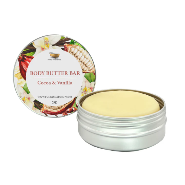 Natural vegan body butter bar in cocoa and mint, shown in aluminium tin with lid off with bar inside