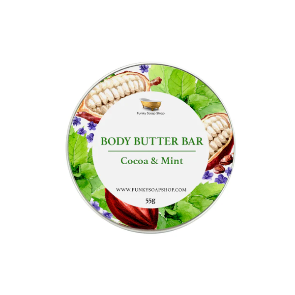 Natural vegan body butter bar in cocoa and mint, shown in aluminium tin with lid on