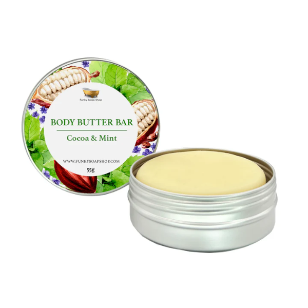 Natural vegan body butter bar in cocoa and mint, shown in aluminium tin with lid off showing bar inside