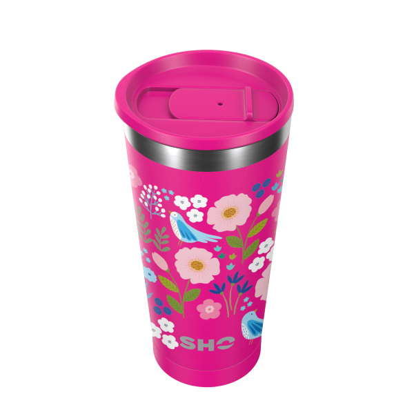 SHO Calix cup in Fuscia (a bright fuschia background with multicoloured flowers and birds)