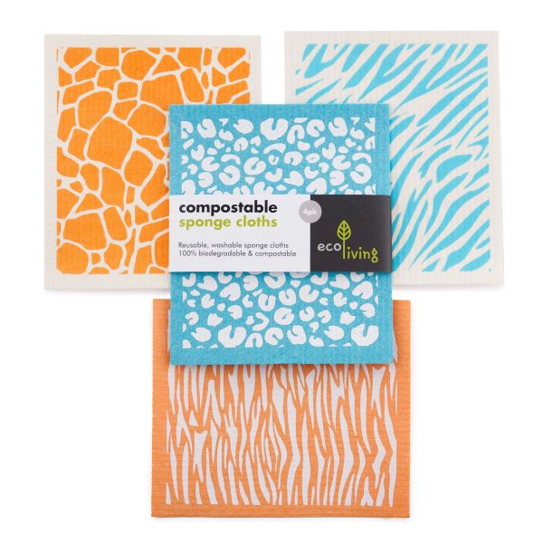 Compostable cloths in animal designs (bright orange and blue animal prints)