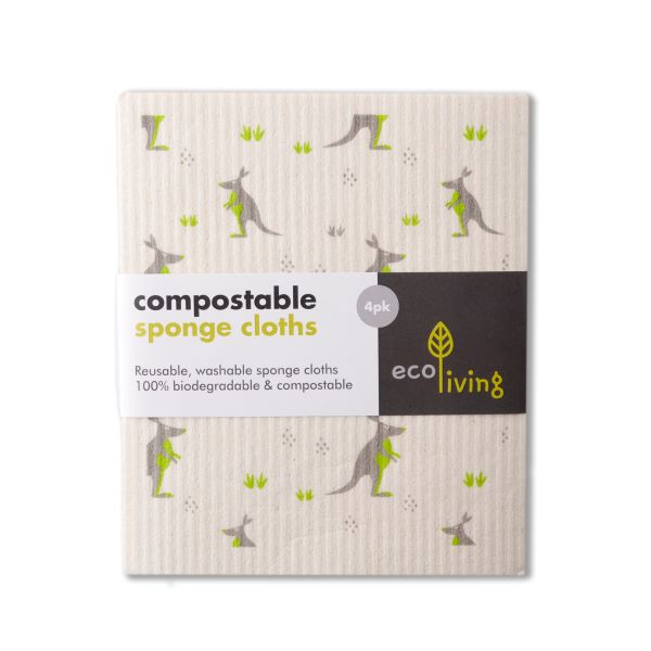 Compostable sponge cloths in kangaroo design (one white cloth with kangaroos and a grey one just behind)