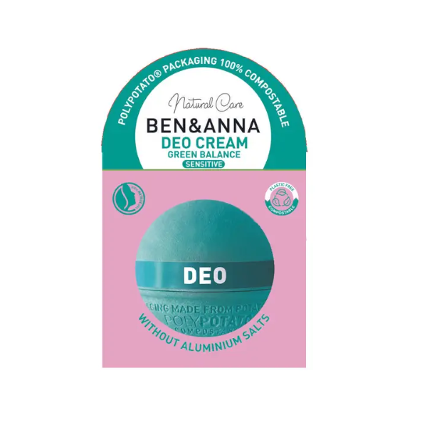 Natural deodorant cream in potato based packaging, a green sphere shown in cardboard packaging
