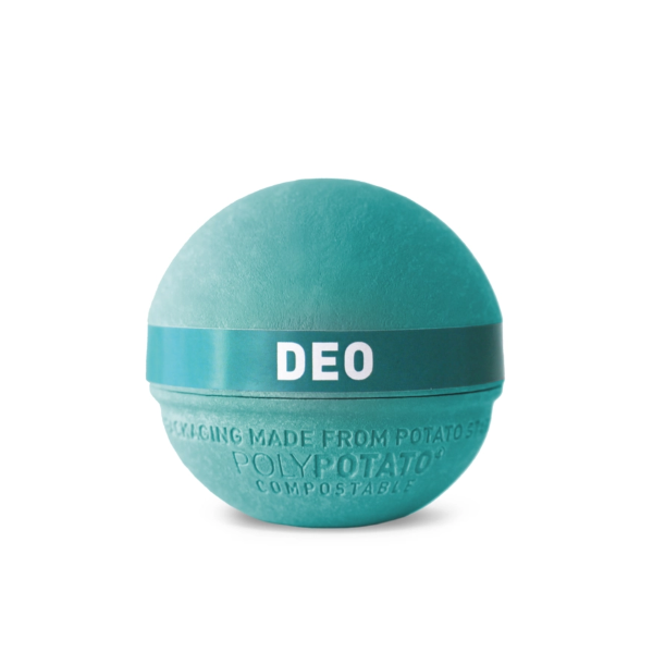 Natural deodorant cream in potato based packaging, a green sphere with lid on