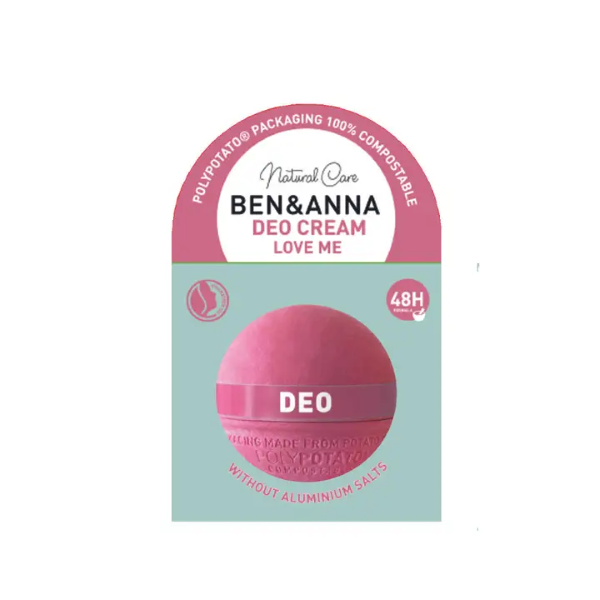 Natural deodorant cream in potato based packaging, a pink sphere shown in cardboard packaging