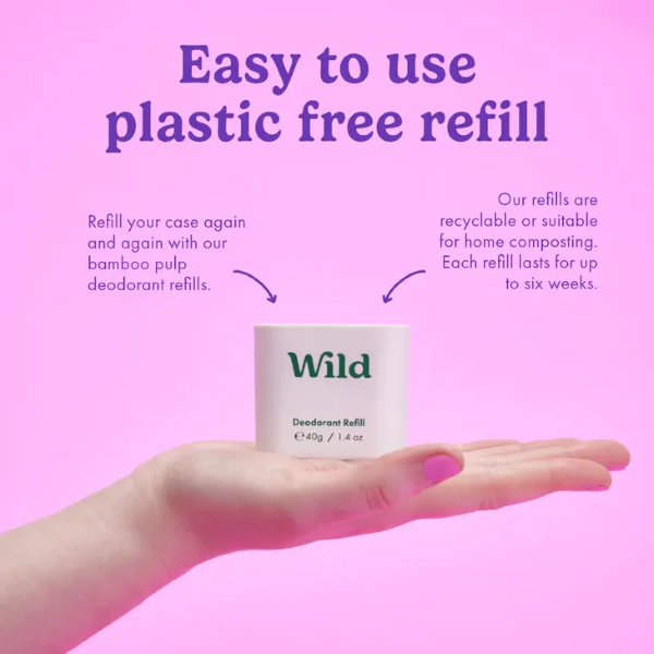 Deodorant refill info reading 'Easy to use plastic refill, refill your case again and again with our bamboo pulp deodorant refills, our refills are recyclable or suitable for home composting', each refill lasts up to 6 weeks