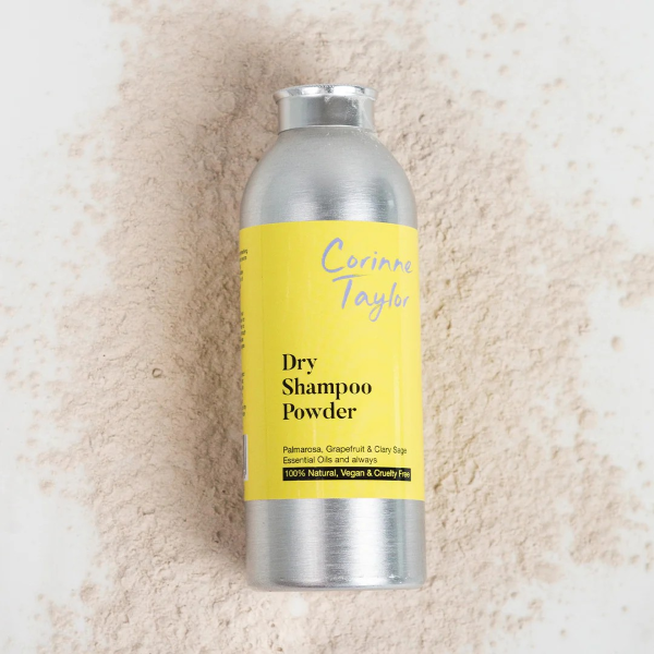 Corinne Taylor dry shampoo powder in aluminium tin shown alongside the powder itself