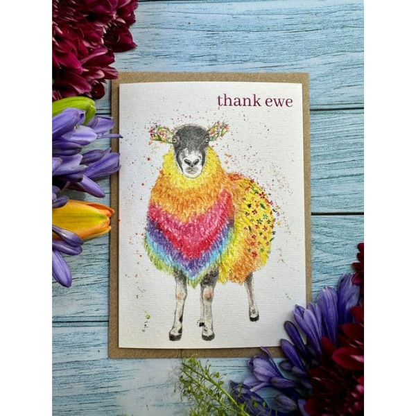 Eco card with brightly coloured watercolour sheep and the words "thank ewe"