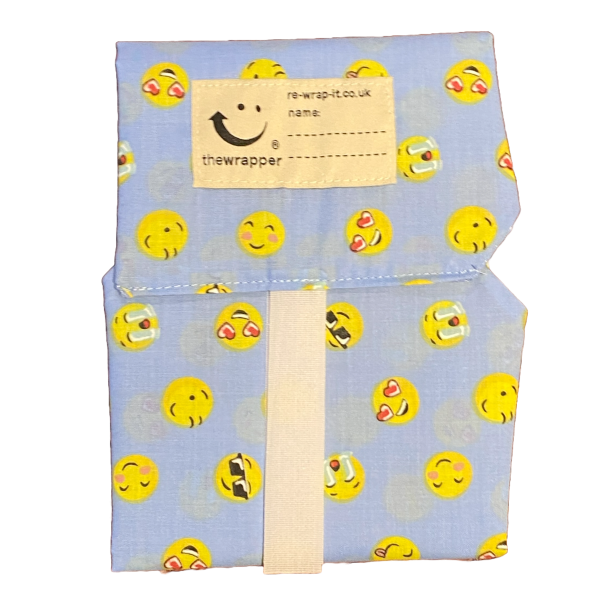 Sandwich wrapper in Emojis new fabric (blue background with various yellow emojis)