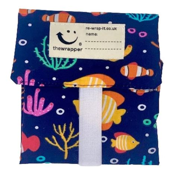 Sandwich wrapper in Finding Nemo design (navy background with bright clown fish and bright sea coral)