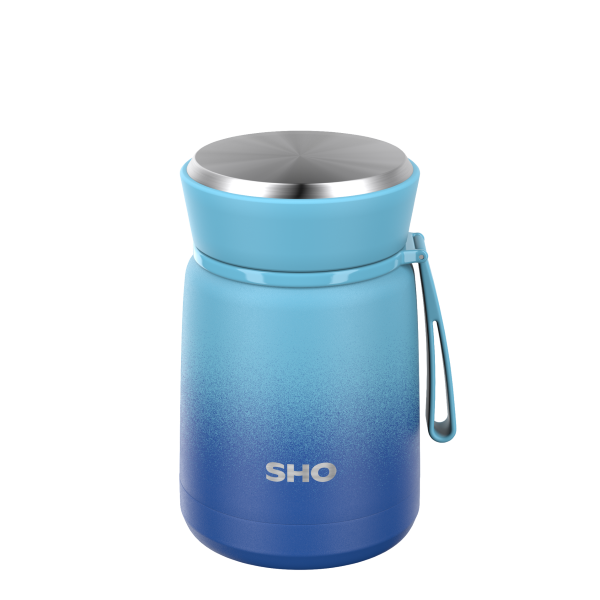 SHO reusable food flask in Deux bleu design (a dark blue graduating to a lighter blue)