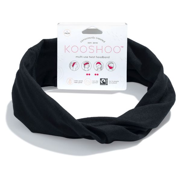 Organic multi-use cotton headband in Jet black with cardboard label