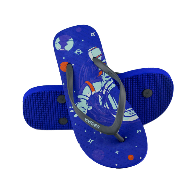 Waves eco-friendly natural rubber flip flops for children in Space design - a bright blue with astronaut and planets