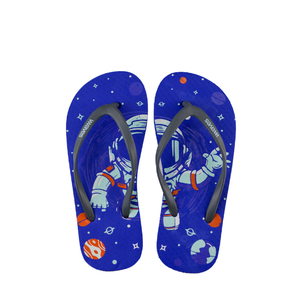 Waves eco-friendly natural rubber flip flops for children in Space design - a bright blue with astronaut and planets