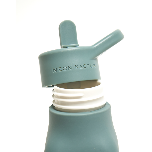 Top part of Kids reusable silicone bottle in Happy Camper colourway (an olive green) shown with straw lid unscrewed
