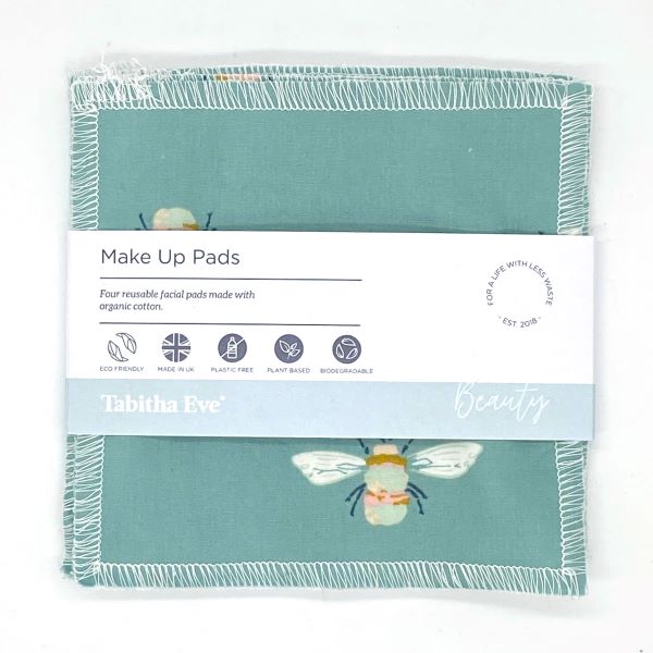 Reusable make up pad in Bumblebuzz design (turquoise background with bees), shown with paper label reading 'Make Up pads, Four reusable facial pads made with organic cotton'