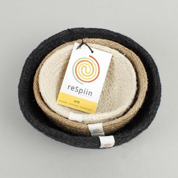 Set of three mini jute bowls in Pebble colour (black, natural and white) stacked inside each other