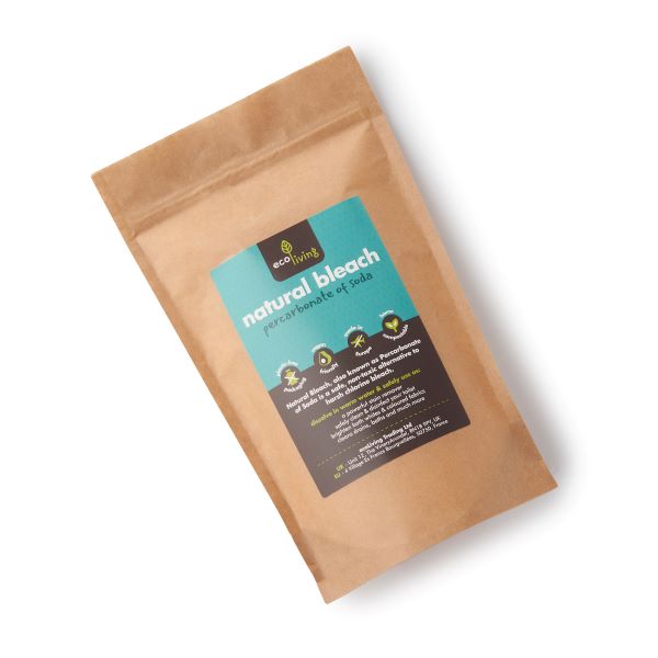 Natural bleach in kraft paper packaging shown from the front reading 'natural bleach , percarbonate of soda'