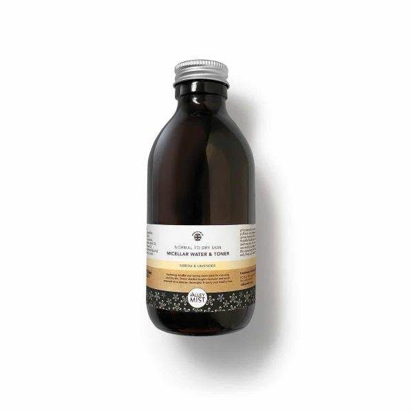 Glass bottle of Valley Mist micellar water and toner for normal to dry skin on a white background