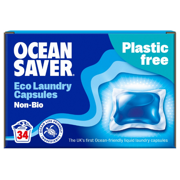 OceanSaver eco laundry capsules shown in cardboard packaging box