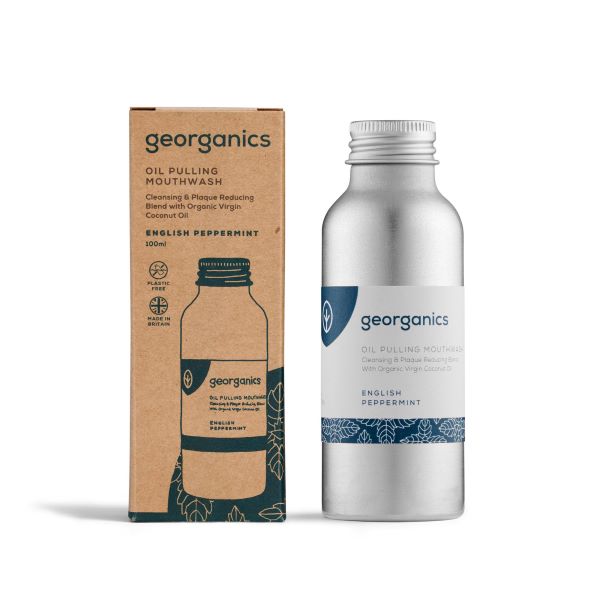 Oil pulling mouthwash in aluminium bottle shown next to cardboard packaging