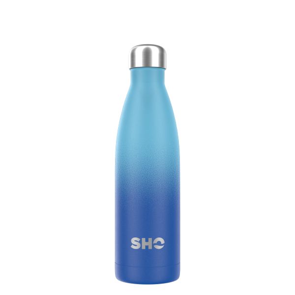 SHO eco-friendly reusable bottle in Deux blue design (darker blue at bottom graduating to pale blue at top), 500ml