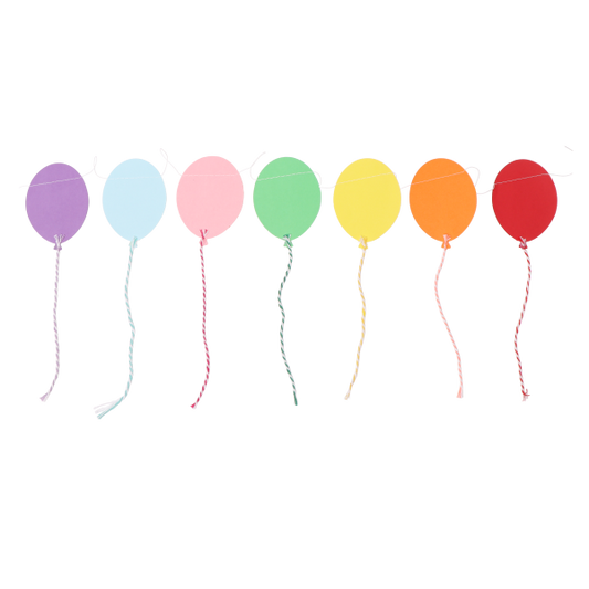 Paper balloon garland showing 7 different coloured balloonswith coloured twine