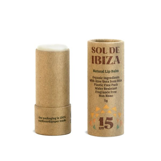 Plastic-free natural sunscreen iip balm in cardboard packaging shown with lid off