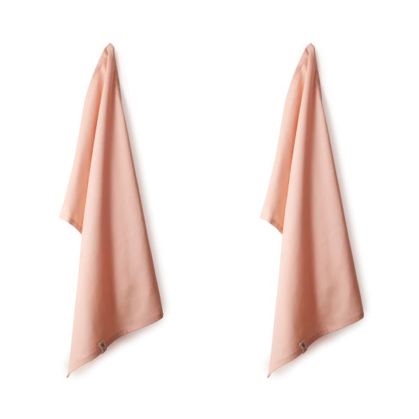Organic cotton tea towels, pack of 2 hanging side by side, shown in Rose