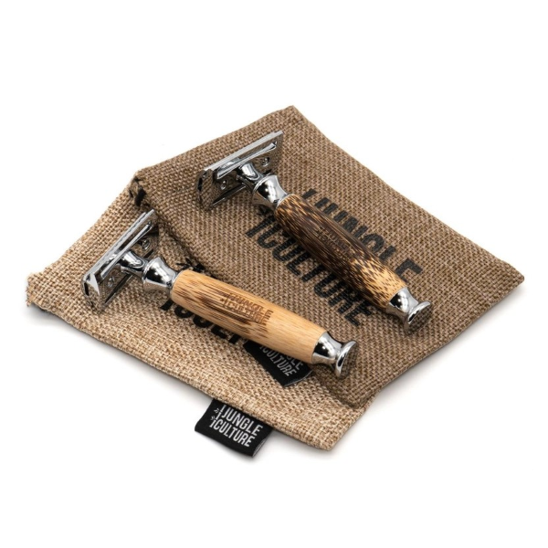 Travel bags for reusable safety razors shown in light brown and dark brown with bamboo razors
