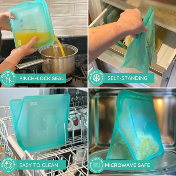 Reusable silicone food bags in xl size, showing features: pinch-lock seal, freezer safe and self-standing, easy to clean dishwasher safe, microwave safe