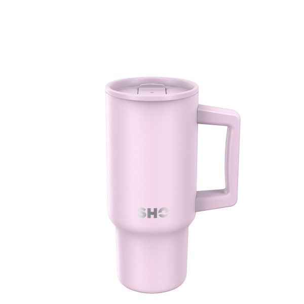 SHO reusable insulated large tumbler in pale lavender shown with sipper lid