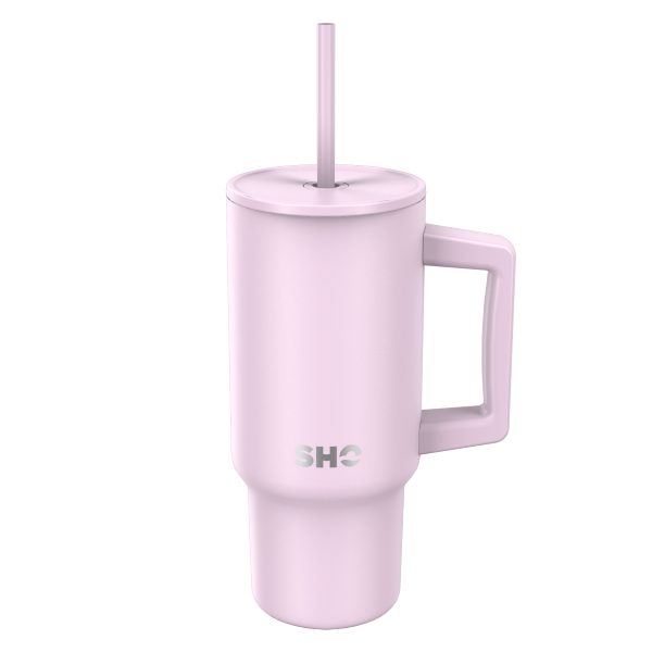 SHO reusable insulated large tumbler in pale lavender shown with straw lid