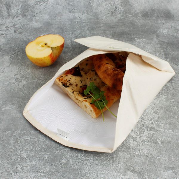 Organic cotton sandwich wrapper shown with a sandwich inside
