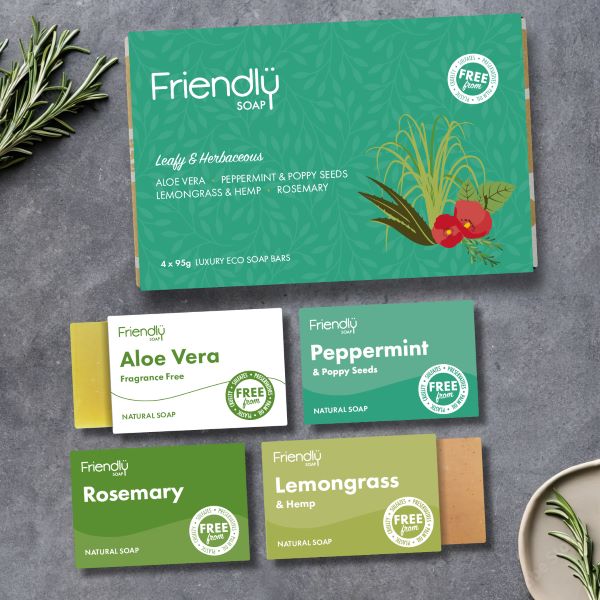 Friendly Soap selection box in Leafy and herbaceous collection shown with 4 soaps alongside shown in their individual boxes
