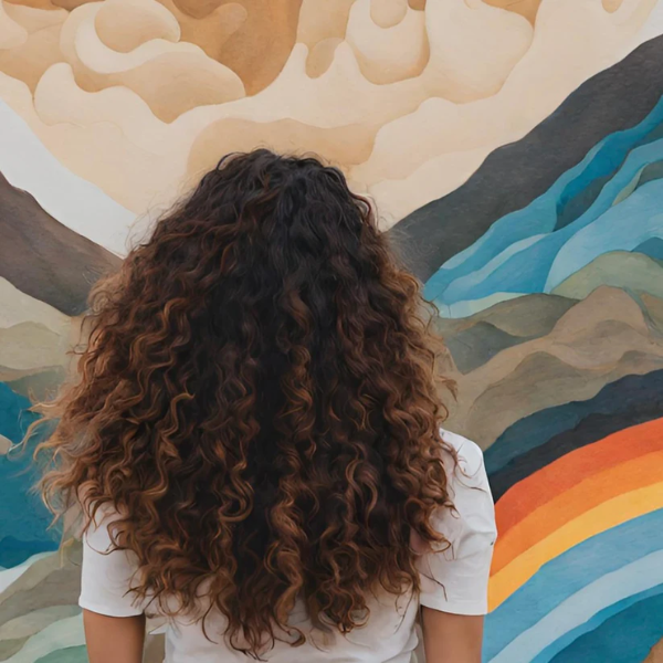 A person with long dark curly hair shown from behind