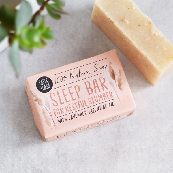Sleep bar wrapped and unwrapped showing text saying "Sleep Bar for restful slumber with lavender essential oil"