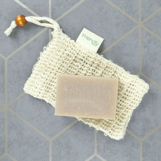 Friendly Soap soap saver bag shown with bar of soap